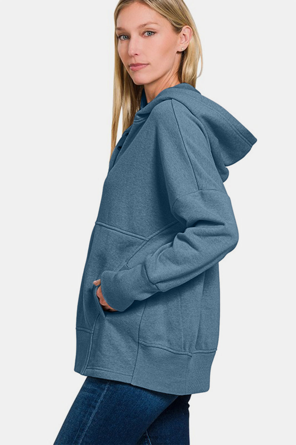 Zenana Half Snap Long Sleeve Hoodie with Kangaroo Pocket