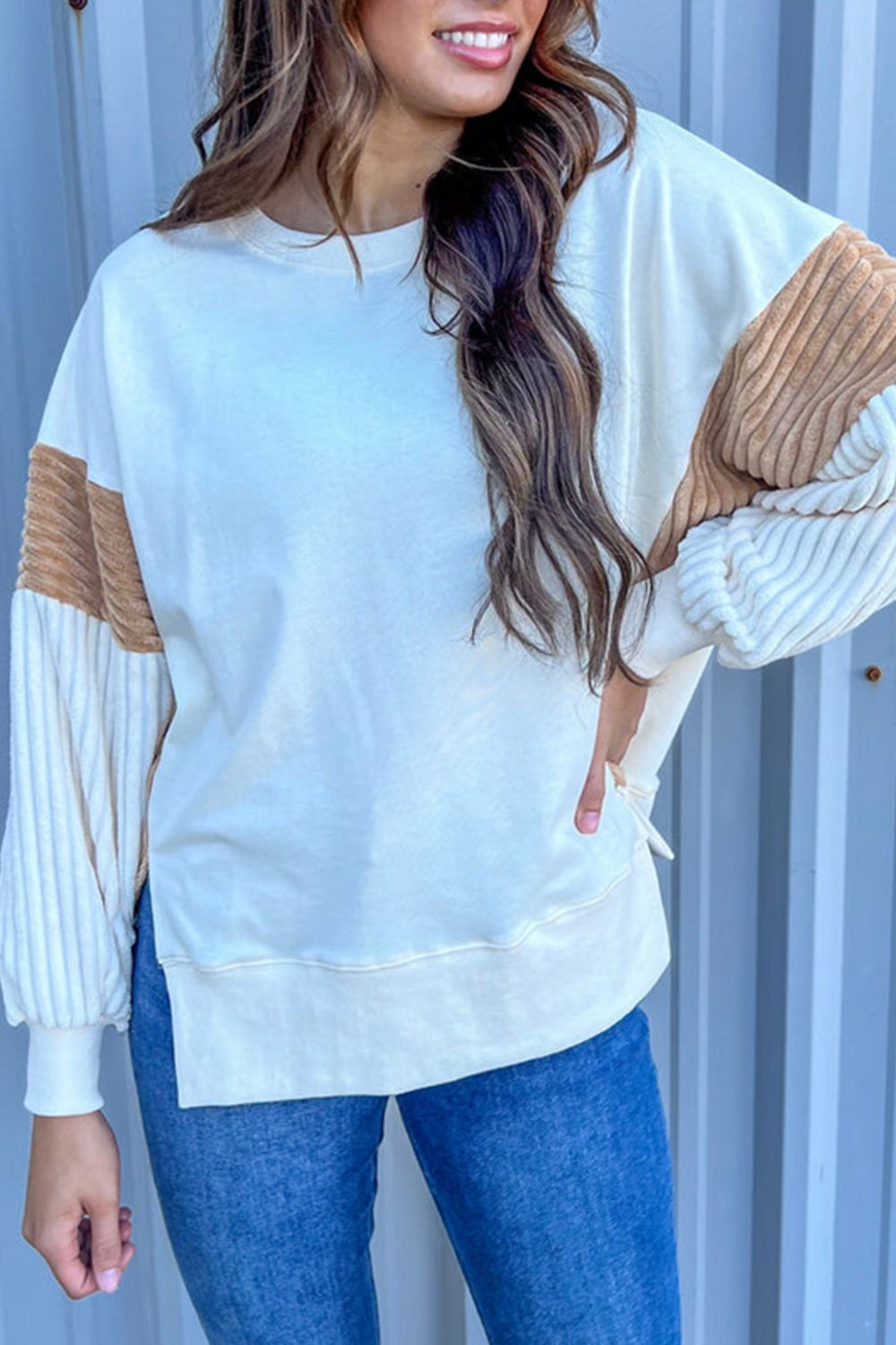 Slit Color Block Long Sleeve Sweatshirt