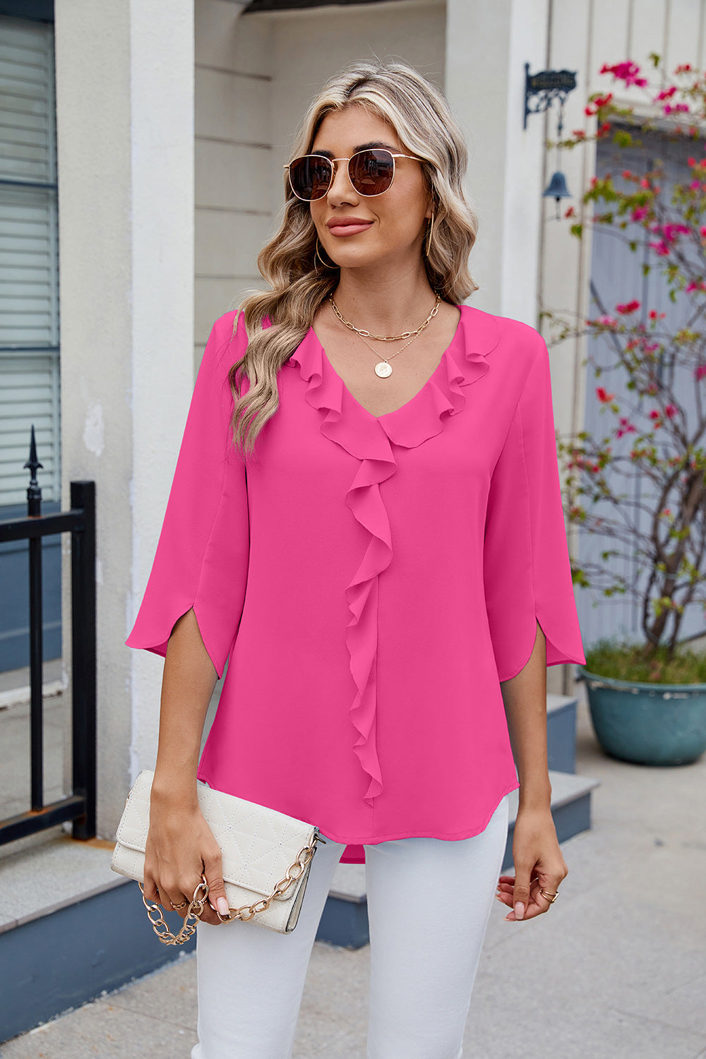 Ruffled V-Neck Three-Quarter Sleeve Blouse