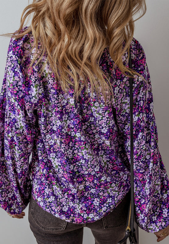 Floral Tie Neck Balloon Sleeve Blouse