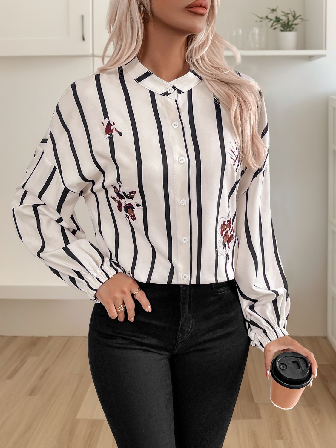 Perfee Striped Collared Neck Long Sleeve Shirt