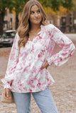 Floral Tie Neck Flounce Sleeve Blouse