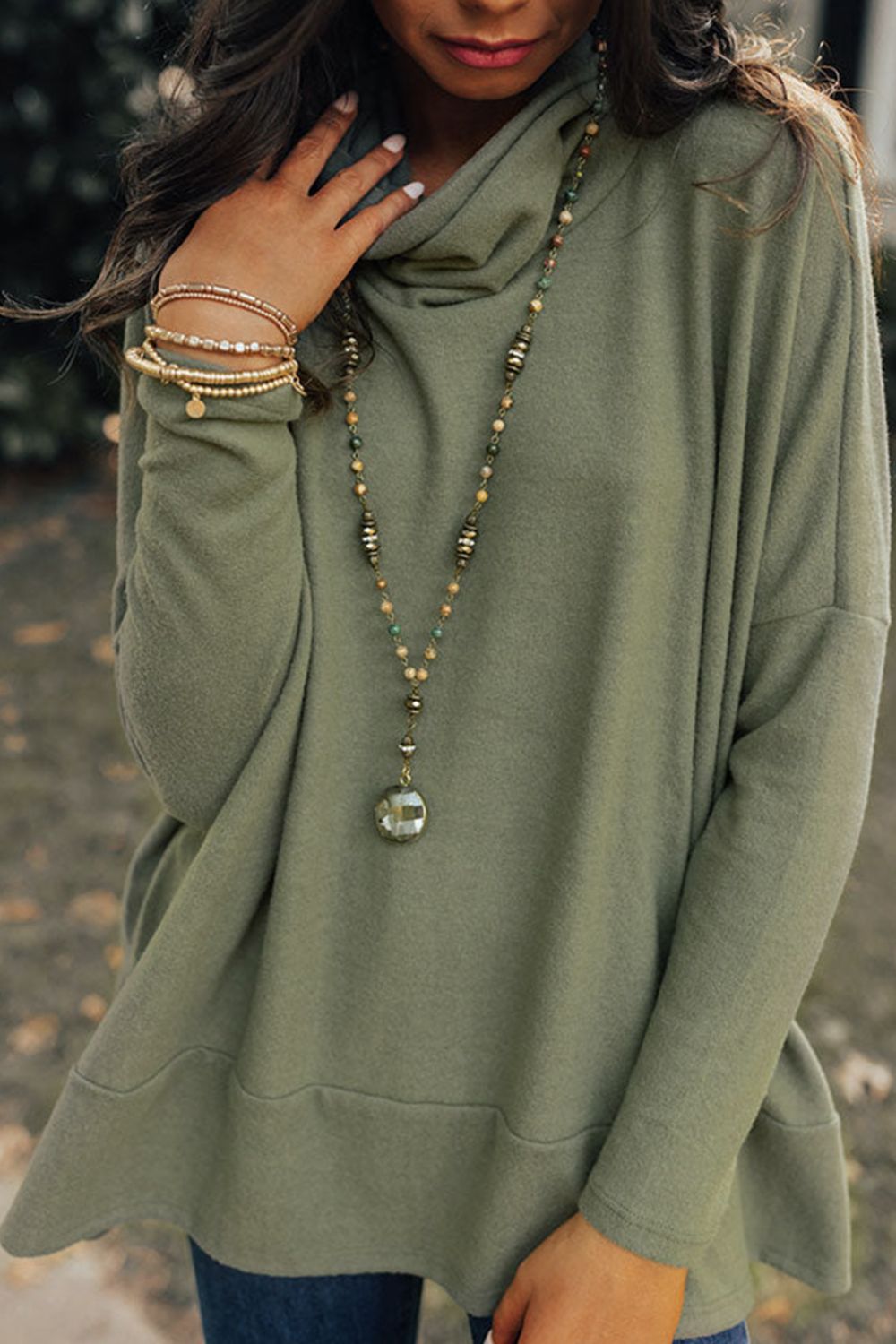 Side Slit High-Low Cowl Neck Long Sleeve Blouse