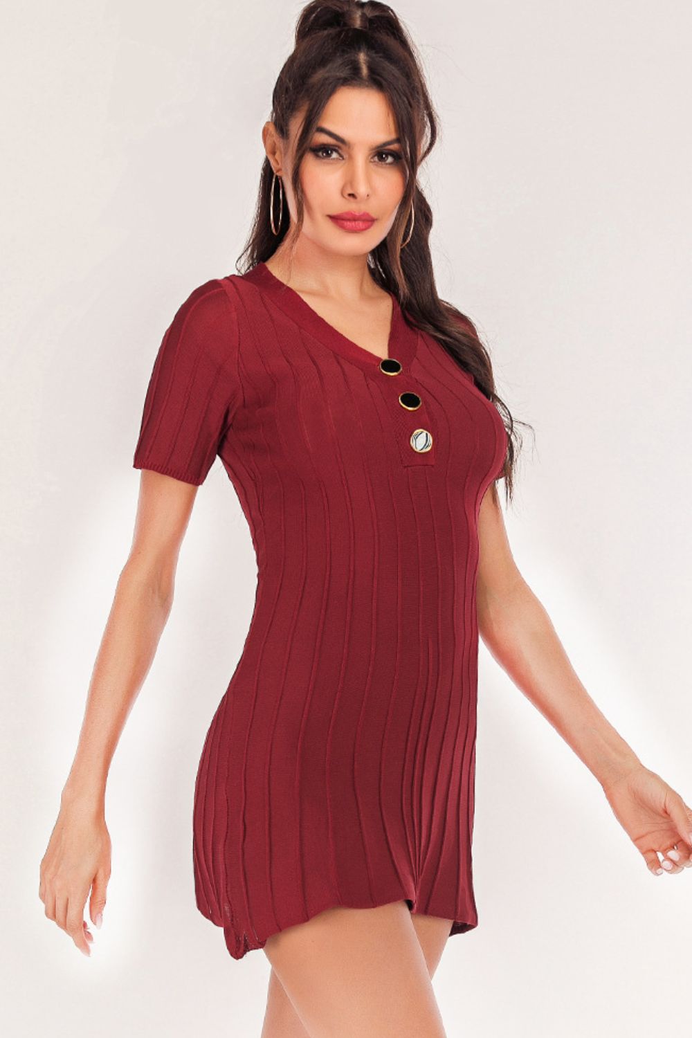 Buttoned Short Sleeve V-Neck Knit Dress