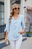 Ruffled V-Neck Three-Quarter Sleeve Blouse