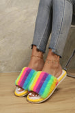 Color Block Open Toe Faux Fur PVC Slippers