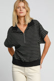 Umgee Striped Half Zip Short Sleeve Sweatshirt