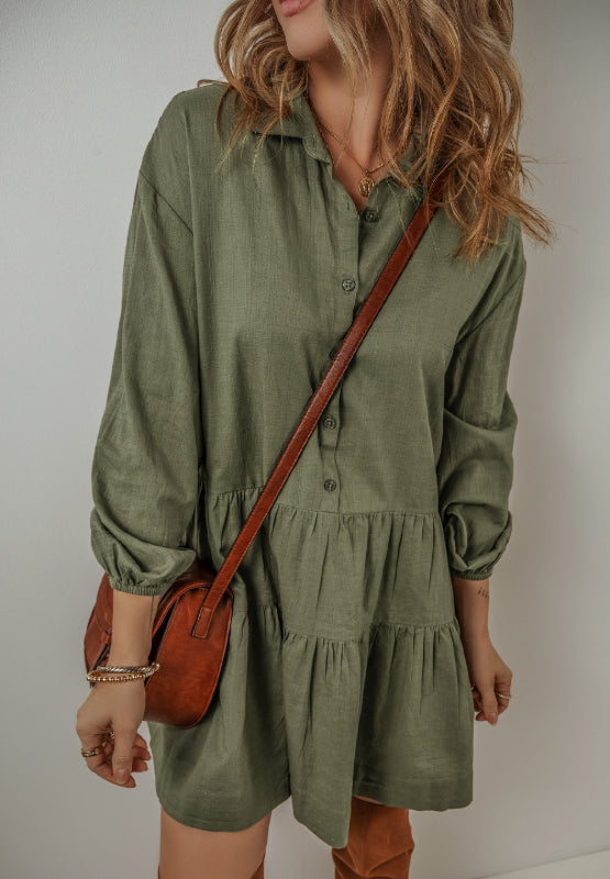 Tiered Collared Neck Balloon Sleeve Shirt Dress