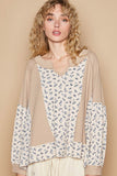 POL Waffle Knit Floral Notched Long Sleeve Top