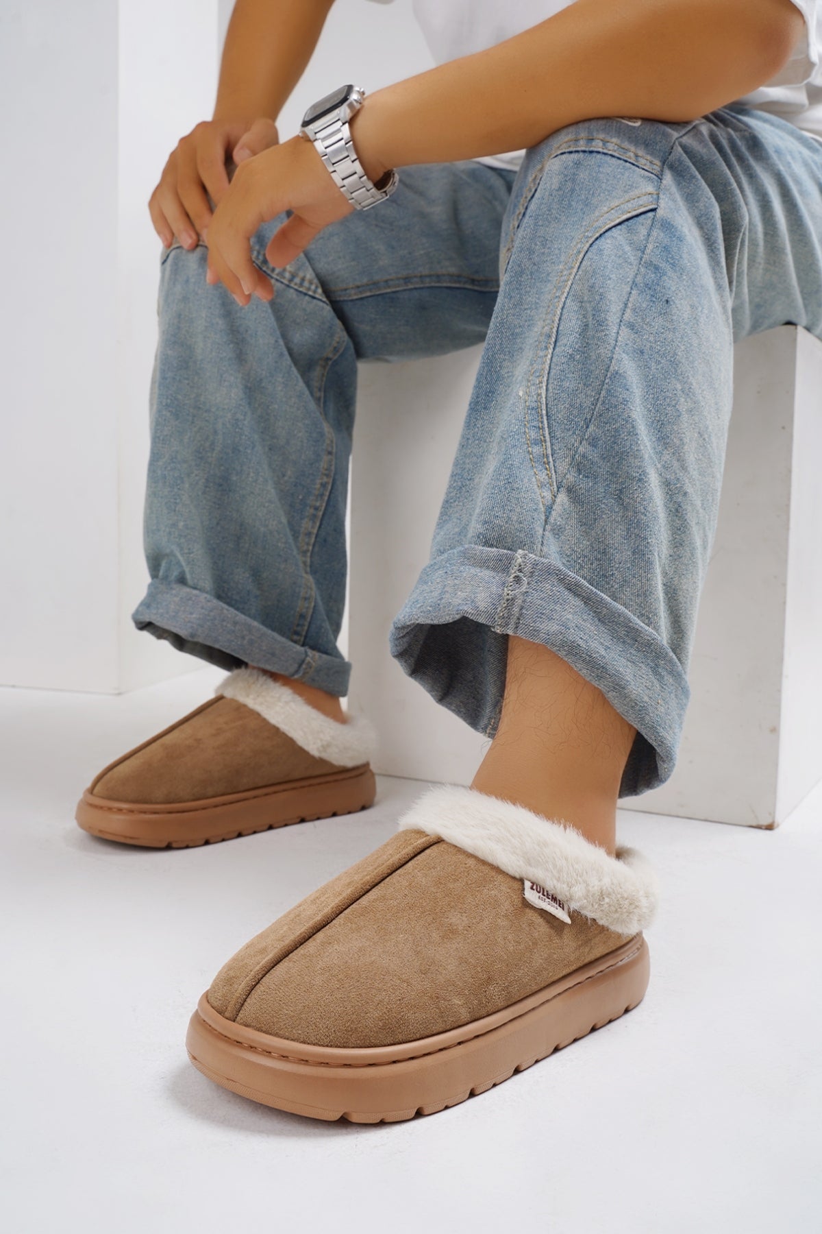 Furry Round Toe Platform Slippers