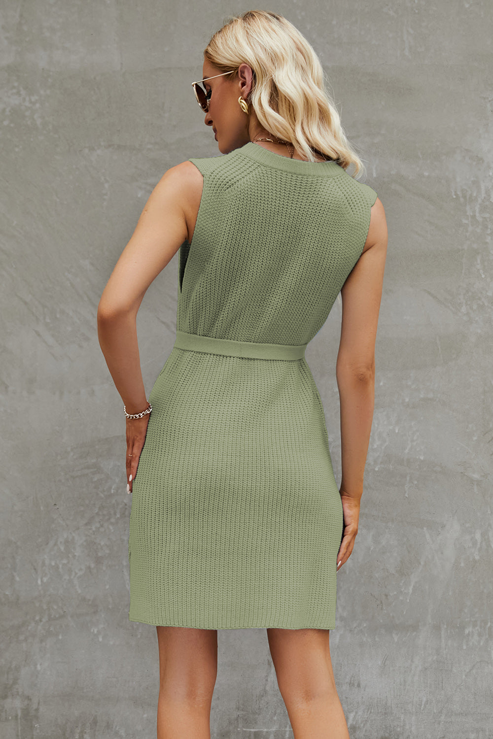 Tied Round Neck Sleeveless Sweater Dress