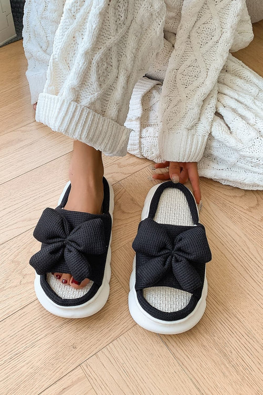 Bow Waffle-Knit Platform Slippers