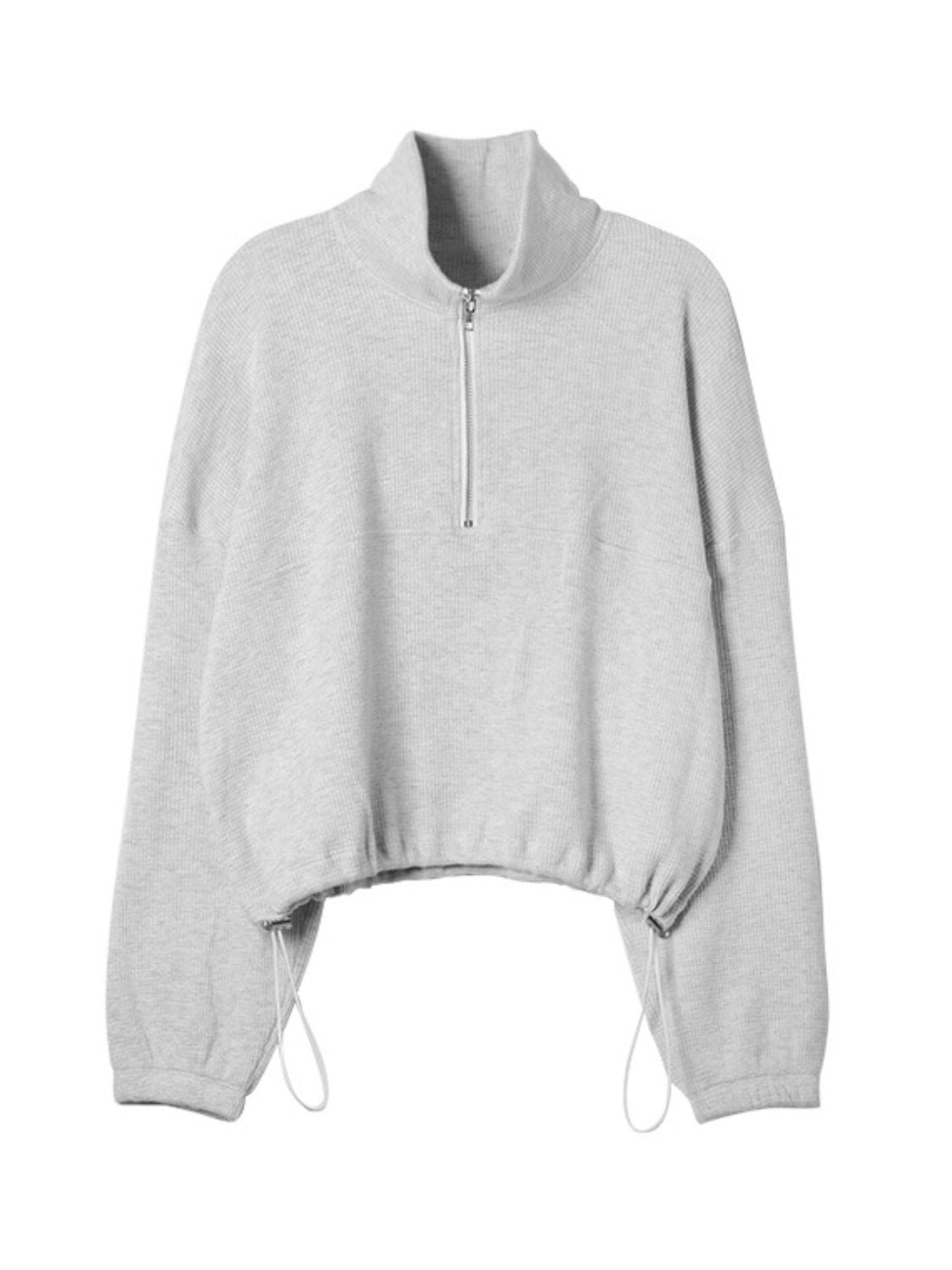 Waffle Knit Drawstring Half Zip Long Sleeve Sweatshirt