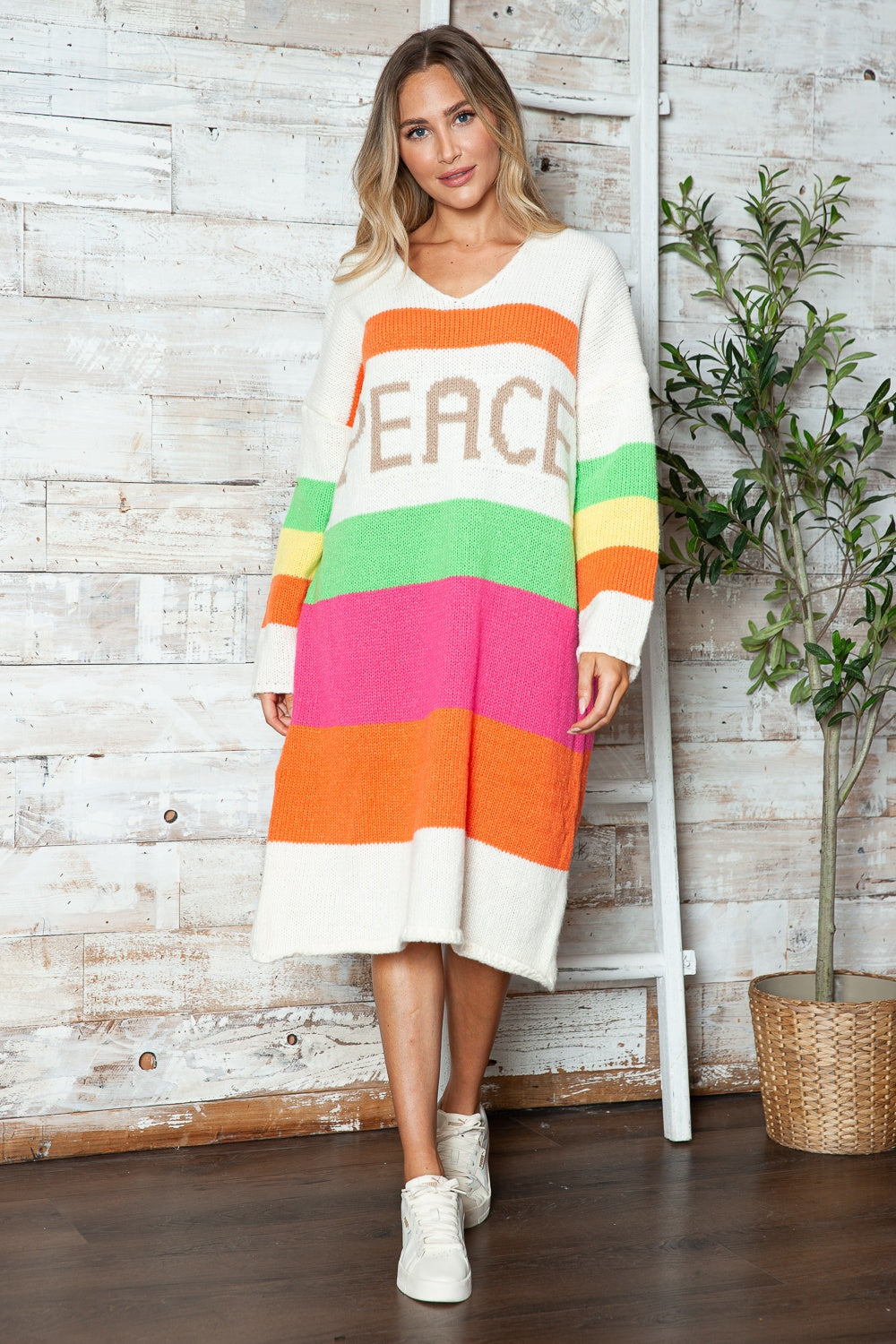 Color Block V-Neck Long Sleeve Sweater Dress