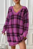 Plaid V-Neck Long Sleeve Sweater Dress