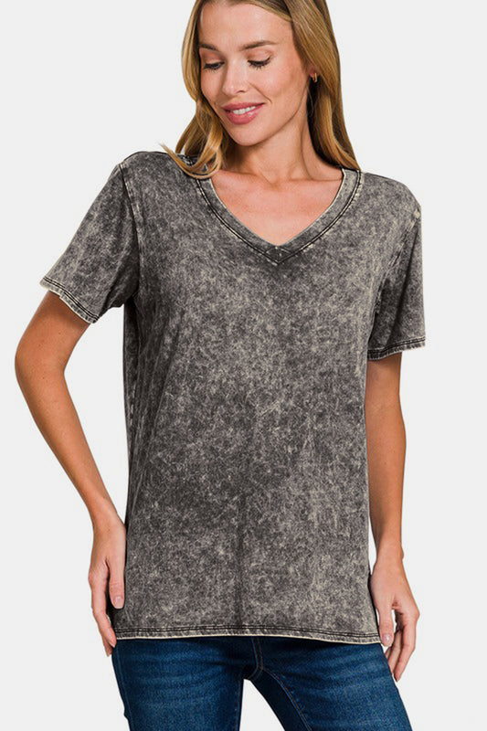 Zenana Full Size Washed Short Sleeve V-Neck T-Shirt