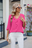 Ruffled V-Neck Three-Quarter Sleeve Blouse