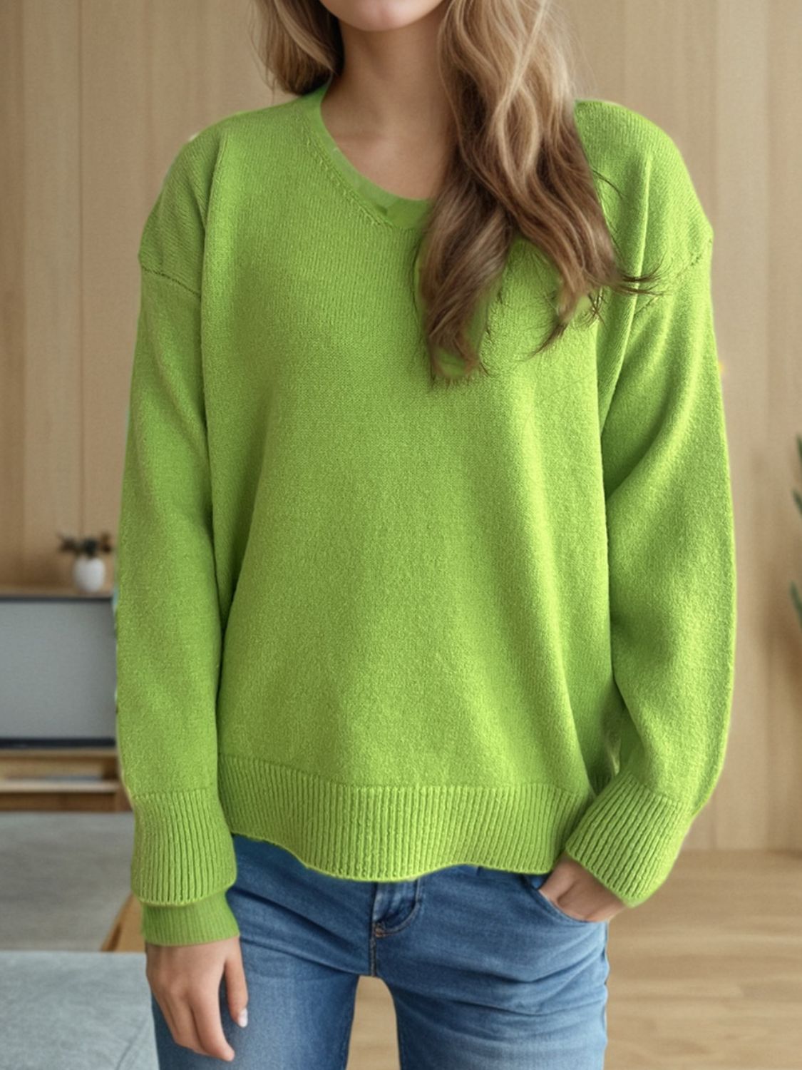 V-Neck Dropped Shoulder Long Sleeve Sweater