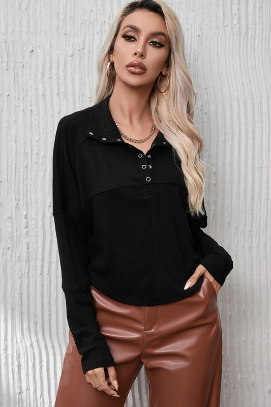 Ribbed Knit Henry Collar Loose Fitting Long Sleeve Top