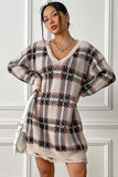 Plaid V-Neck Long Sleeve Sweater Dress