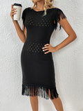 Fringe Openwork Boat Neck Knit Dress