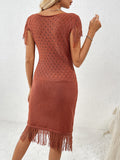 Fringe Openwork Boat Neck Knit Dress