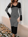 Devine Striped V-Neck Long Sleeve Sweater Dress