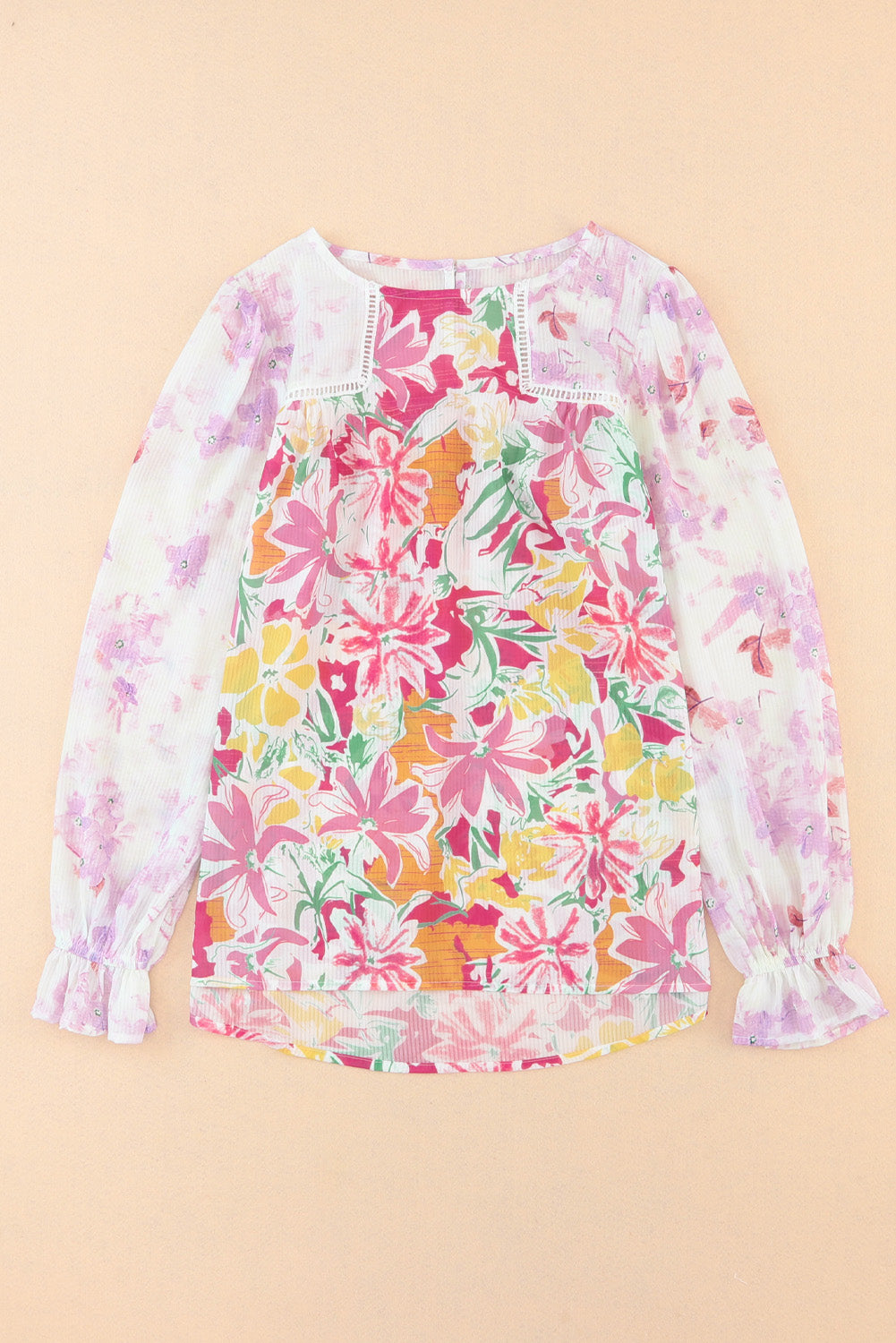 Floral Round Neck Flounce Sleeve Blouse