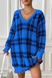 Plaid V-Neck Long Sleeve Sweater Dress