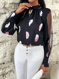 Feather Print Mock Neck Long Sleeve Blouse