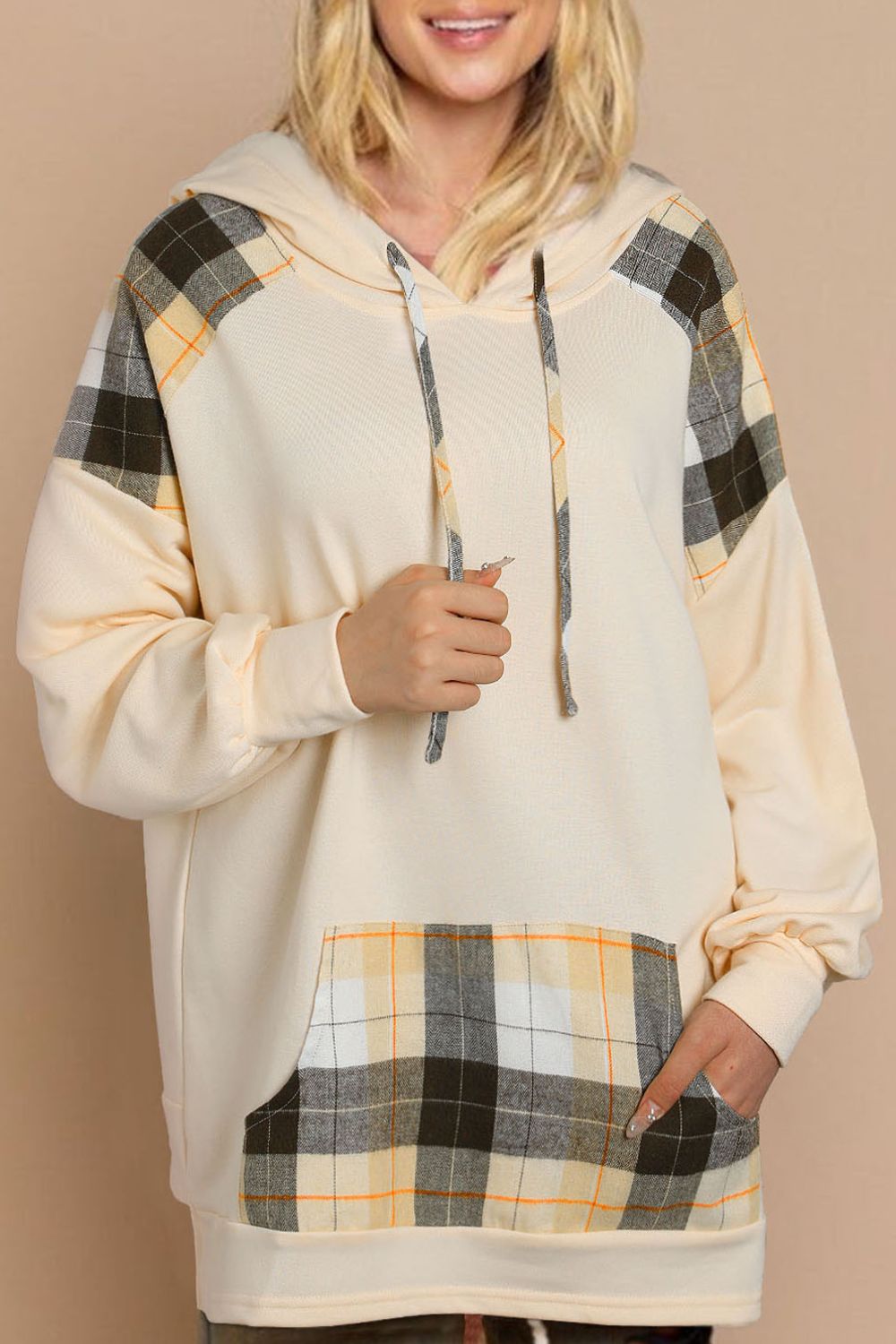 Drawstring Plaid Long Sleeve Hoodie