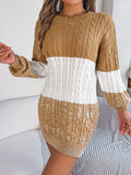 Cable-Knit Round Neck Color Block Sweater Dress