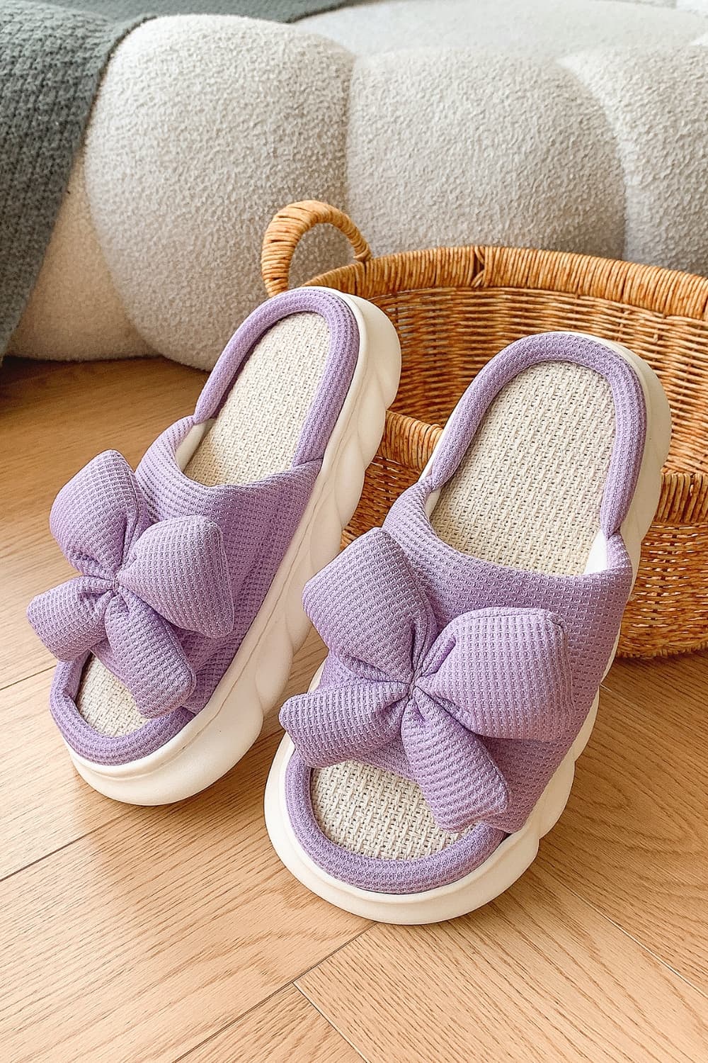 Bow Waffle-Knit Platform Slippers