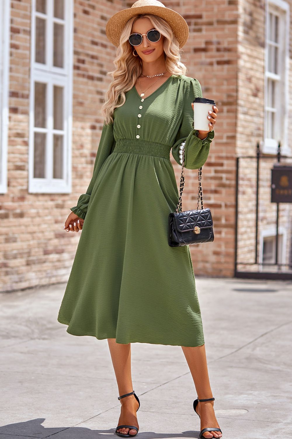 Smocked V-Neck Flounce Sleeve Midi Dress