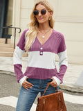 Contrast V-Neck Long Sleeve T-Shirt