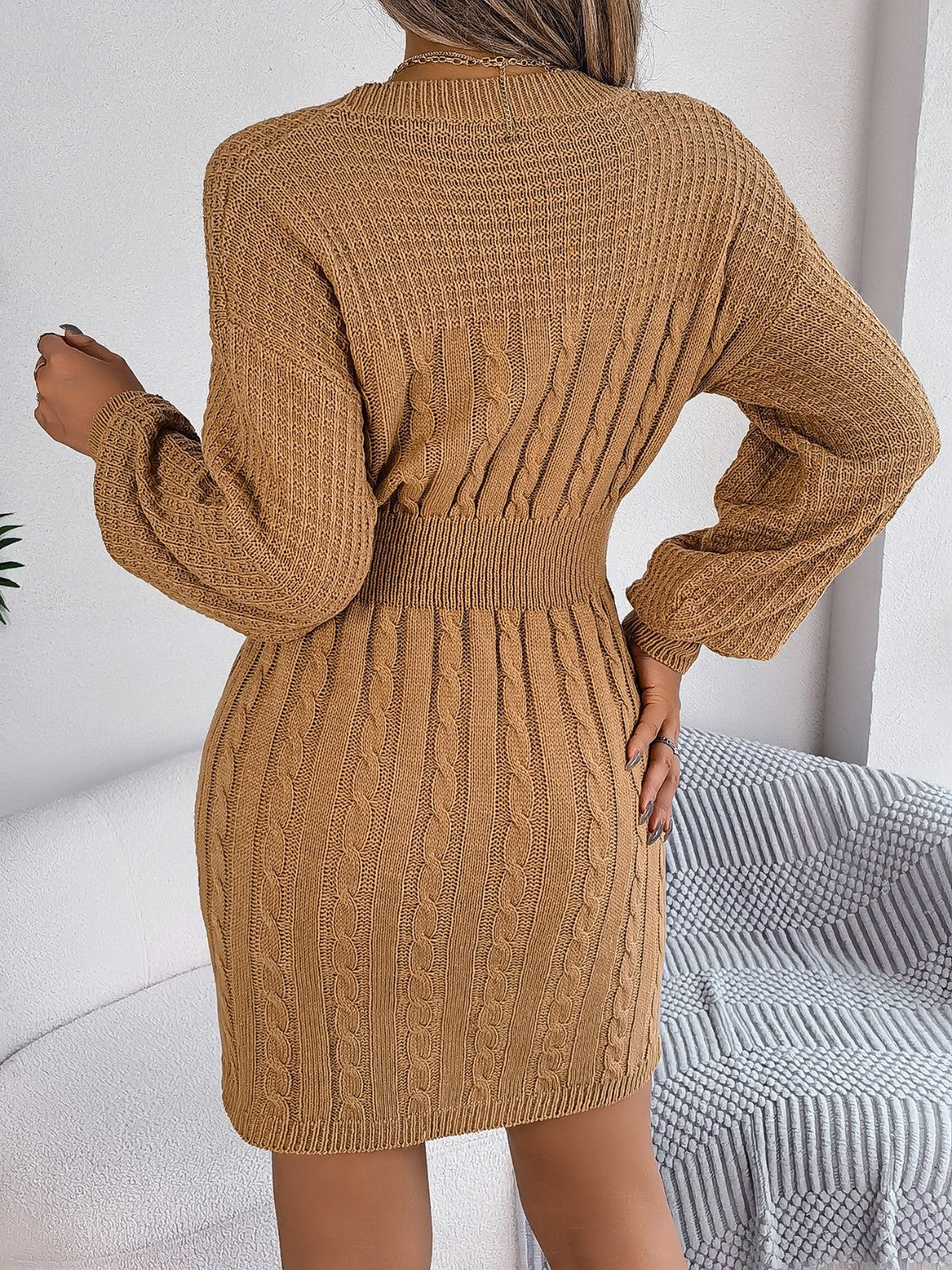 Cable-Knit Cutout Round Neck Slit Sweater Dress