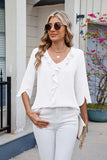 Ruffled V-Neck Three-Quarter Sleeve Blouse