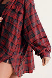 Exposed Seam Plaid Collared Neck Long Sleeve Shirt