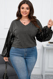 Plus Size Sequin Long Sleeve V-Neck Top