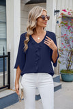 Ruffled V-Neck Three-Quarter Sleeve Blouse