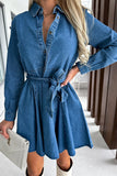 Tied Half Button Long Sleeve Denim Dress