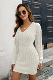 Cable-Knit V-Neck Long Sleeve Mini Sweater Dress