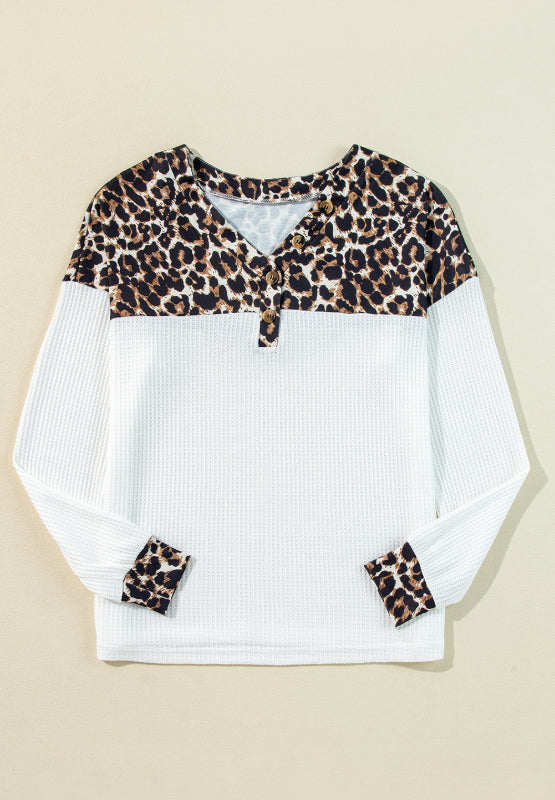 Waffle-Knit Leopard V-Neck Long Sleeve Blouse