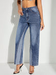 Contrast Patchwork Straight Jeans with Pockets