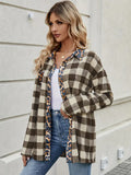 Leopard Trim Plaid Collared Neck Long Sleeve Shirt