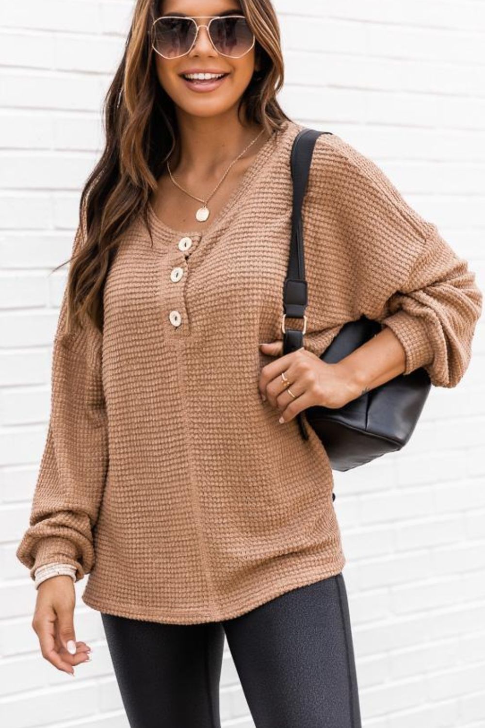 Slit Waffle Knit Long Sleeve T-Shirt