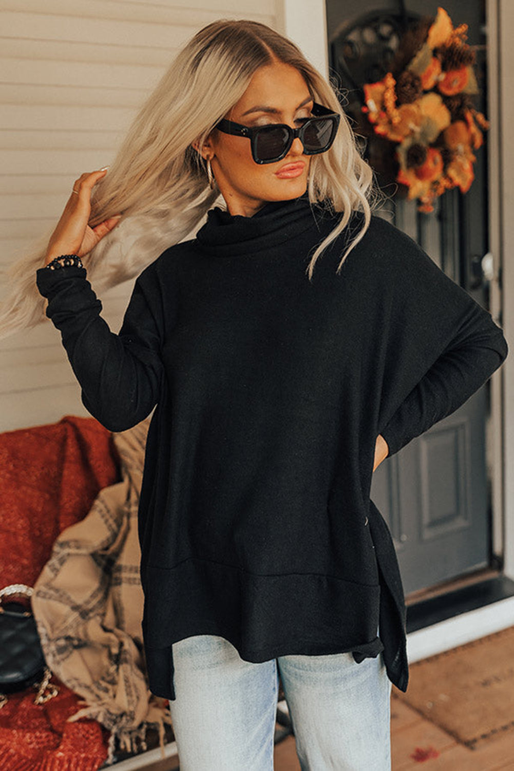 Side Slit High-Low Cowl Neck Long Sleeve Blouse