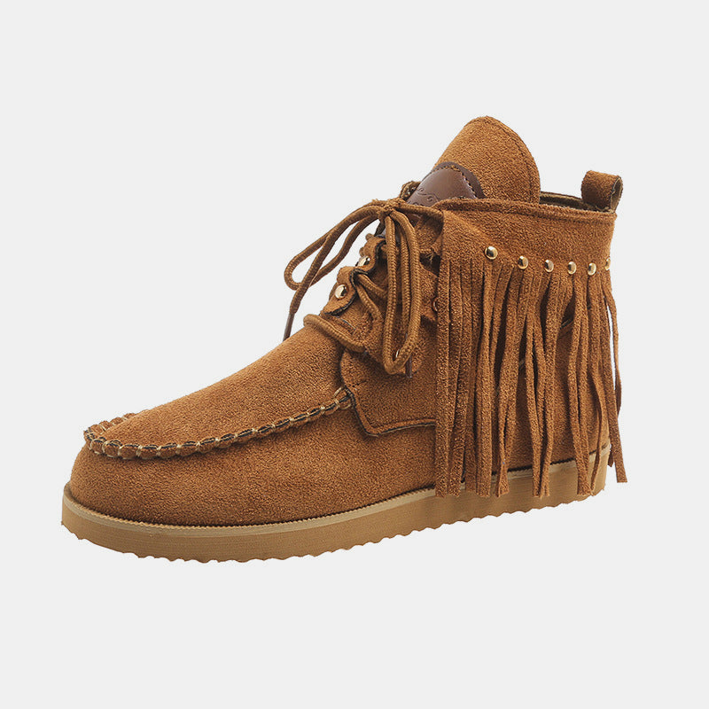 Fringe Studded Round Toe Canvas Boots