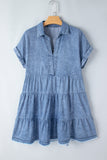 Raw Hem Collared Neck Short Sleeve Denim Dress