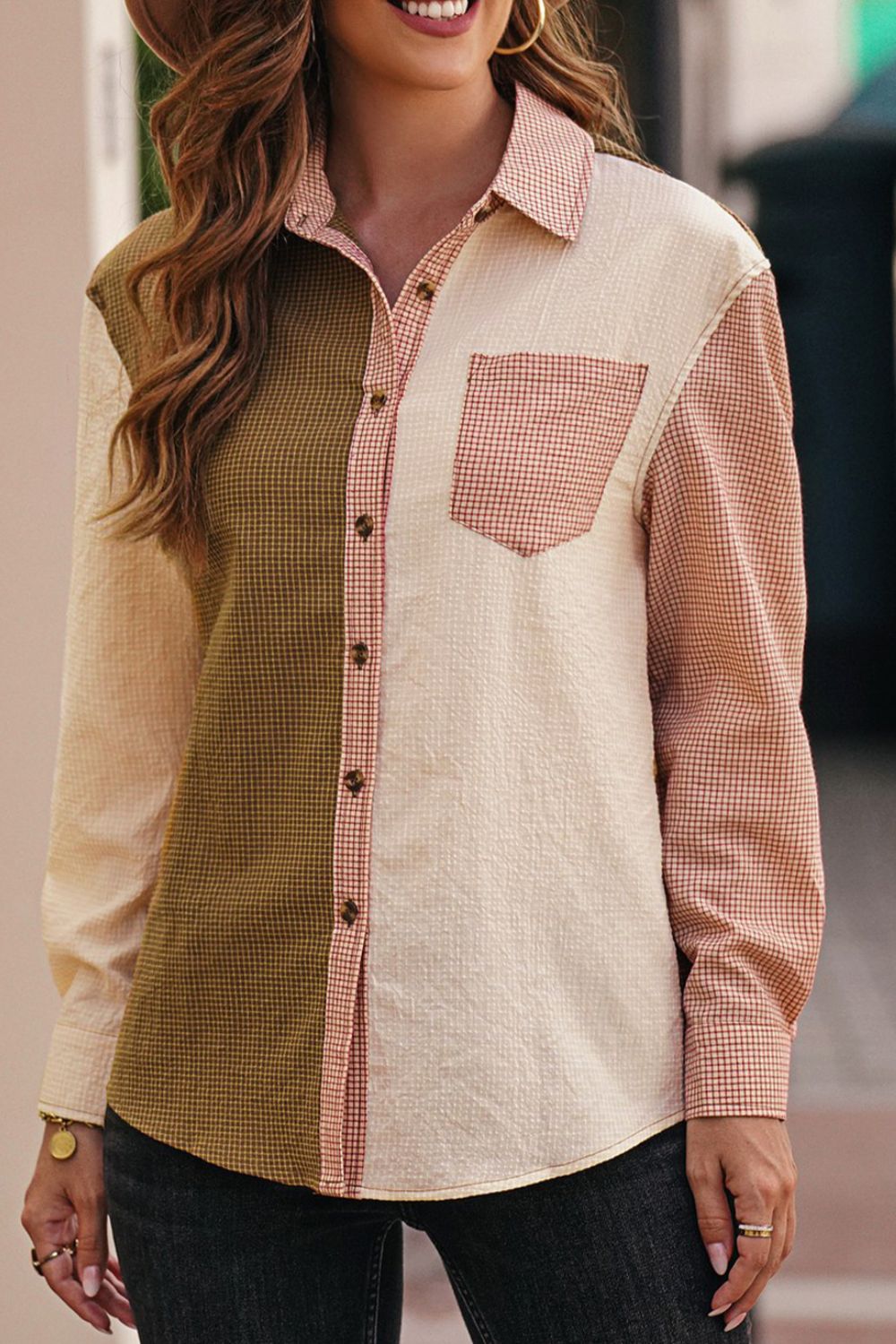 Contrast Plaid Button Down Long Sleeve Shirt